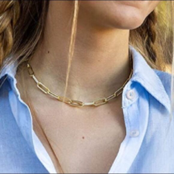 New 14k Gold Choker Paperclip Chain Link Necklace Adjustable up to 16” - Picture 4 of 6
